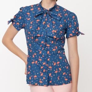 Retro pinup style flamingo magnolia place button up
